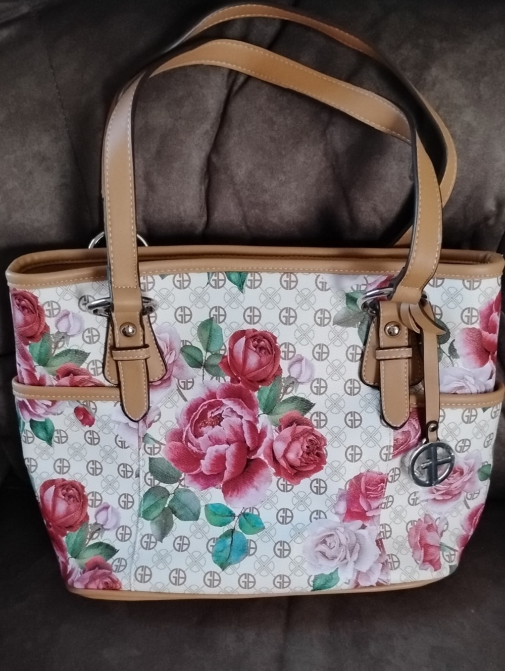 Rose-Print Shoulder Tote with Tan Trim